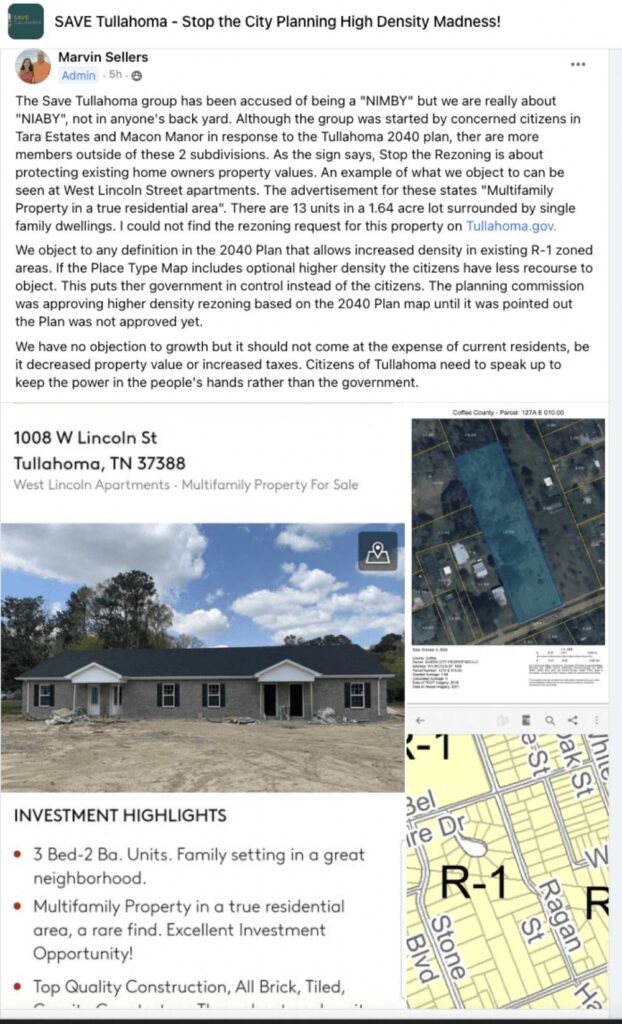 Screenshot of an activist post in Tullahoma by the group Save Tullahoma